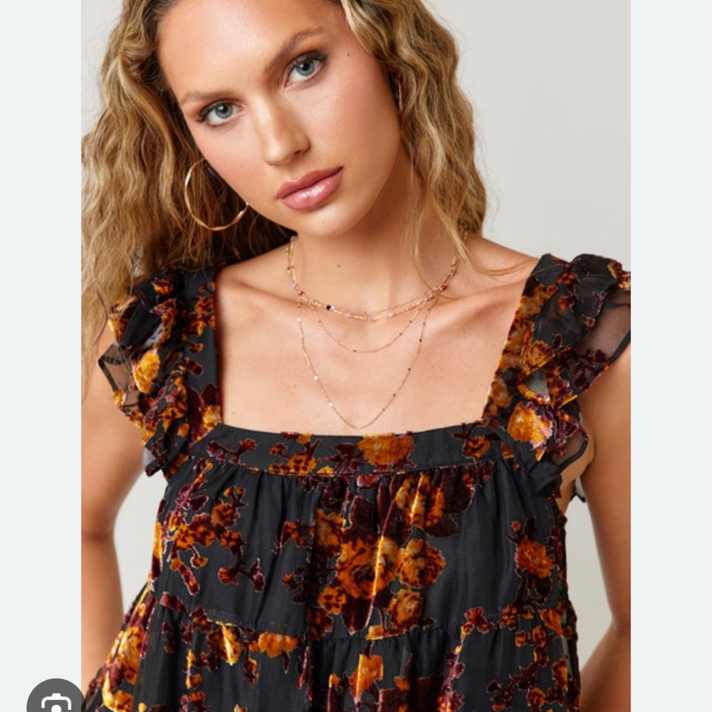 Francesca's Zeta Burnout Orange and Brown Velvet Ruffled Blouse